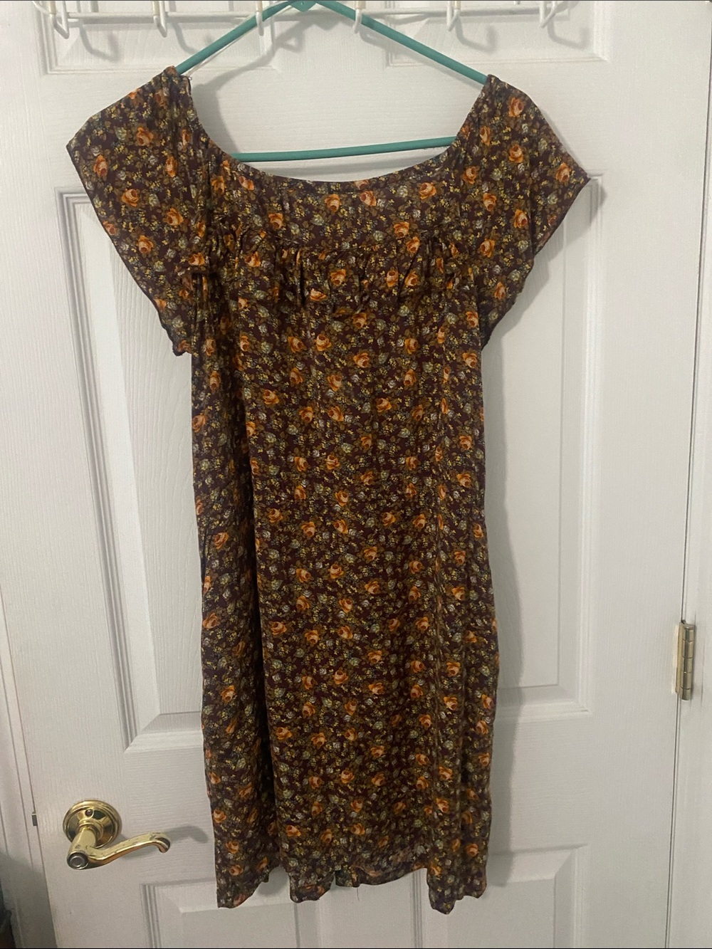 Zara Brown Floral Mini Sundress w Orange Accents ruffled scoop neck M ptp 19 - Picture 7 of 8